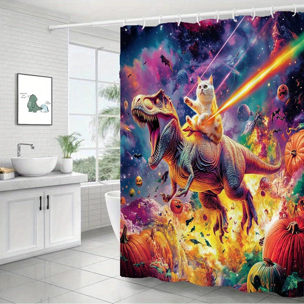 Space Cat Riding Dinosaur Waterproof Mildew-Resistant Shower Curtain - Fantasy Design for a Fun Bathroom Décor Experience