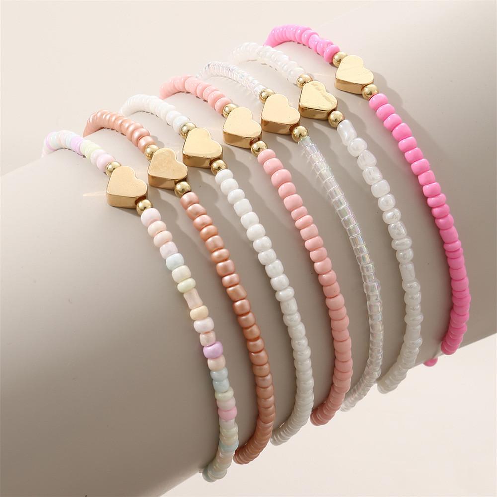 Girls Heart Shape Beaded Bracelets Set With Glass Material For Gift And Anniversary Celebrations