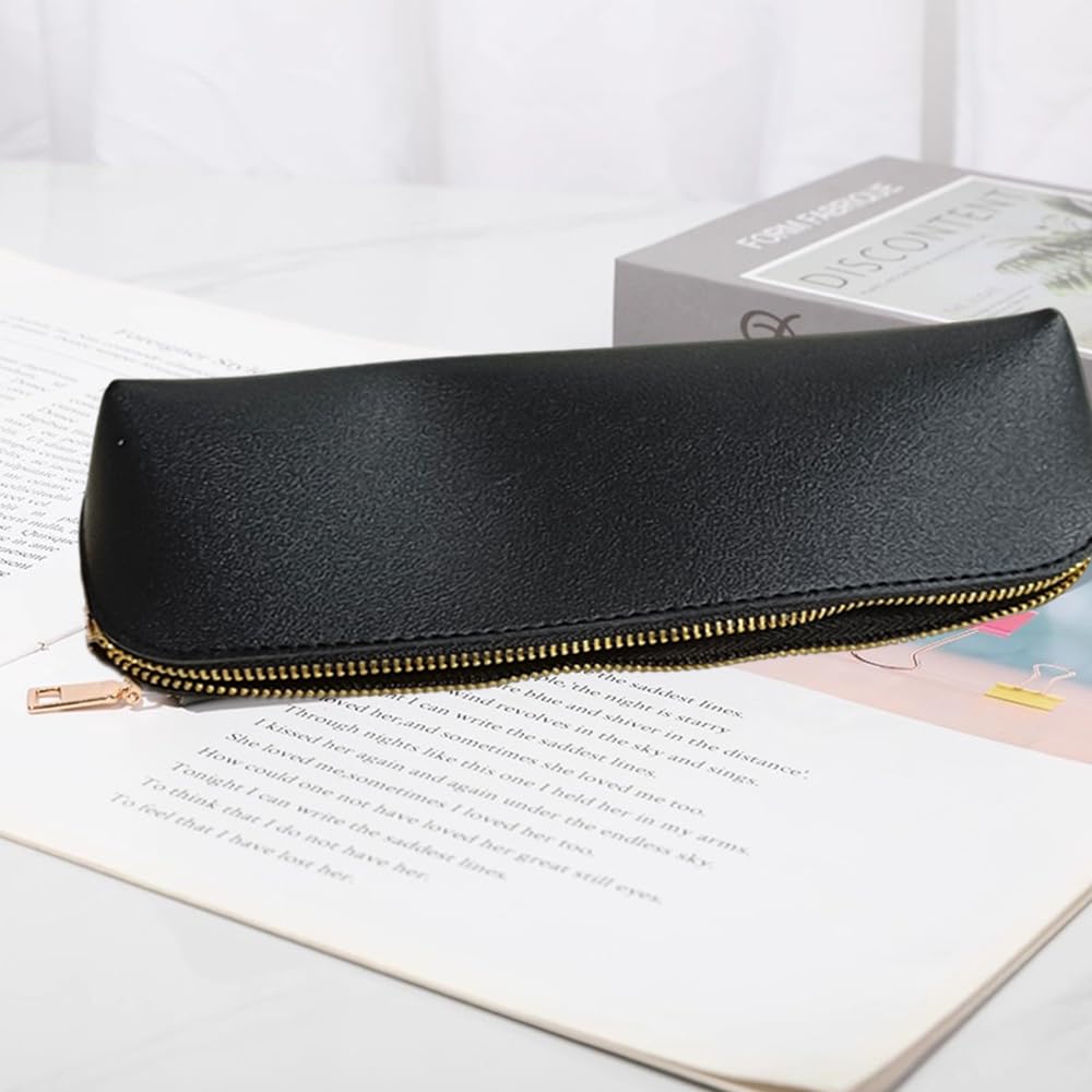 PrimeBlis Slim Pencil Large PU for Students and Adults Case, Lightweight, Anti-Loss, Capacity, Leather, (Black, Medium)