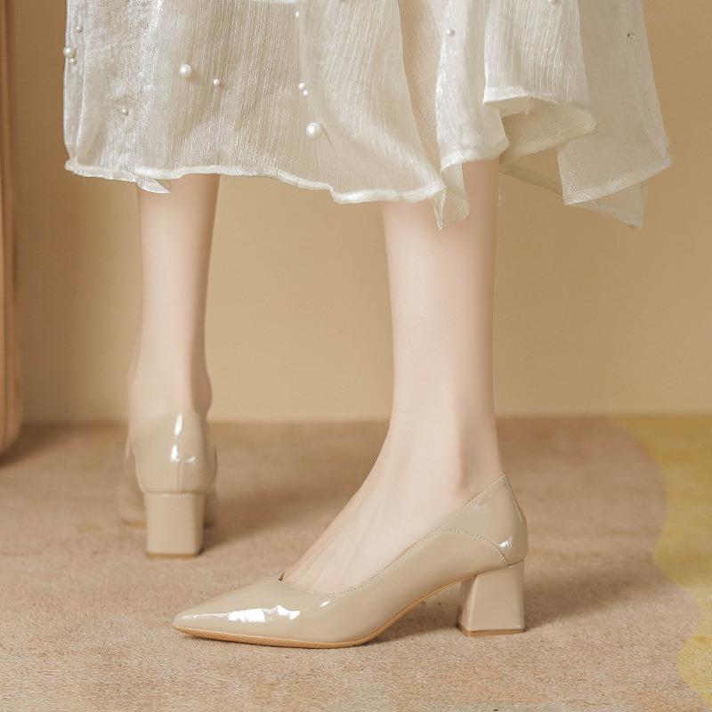 Nude High Heels Women's New Spring Pointed Head Light Mouth Wedding Shoes Medium Thick Heel Bridesmaid Shoes Single Shoes Women