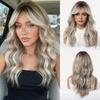 Women Long Wave Layered Brown Hair with Bangs Synthetic Mixed Blond Wigs for Daily Cosplay Heat Resistant Fibre
