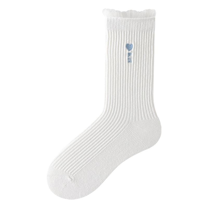 Spring and Autumn Thin Socks for Women, Sweet Lace Lace Cotton Mid-calf Socks, Embroidered Heart Letters, Pile Socks for Women
