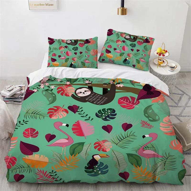 Sloth Bedding Set Kawaii Animals Comforter Cover For Boys Girls Teens,Botancial Flowers Duvet Cover Cartoon Wildlife Quilt Cover