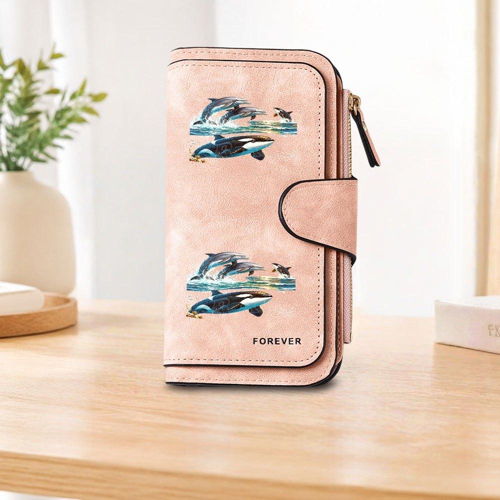 Dolphin and Orca Print Long Zipper Wallet Large Capacity Card Holder Unisex Clutch Bag Stylish Zippered Coin Purse Suitable for Daily Travel Work