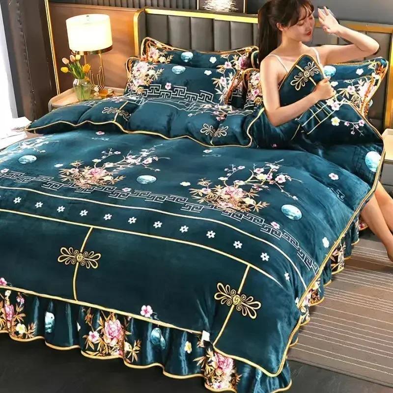 4pcs Double-sided Flannel Duvet Covers Milk Plush Bed Skirt Pillowcase Thicken Four Piece Set Bedding Article Three Piece Winter