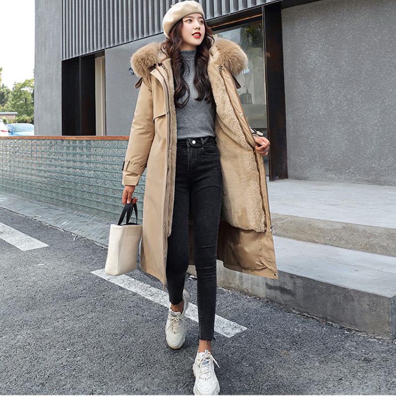 Nuevas chaquetas largas para mujer, otoño invierno, color sólido, forro de felpa desmontable, parkas para mujer con capucha y cuello de piel, abrigo grueso, chaqueta acolchada