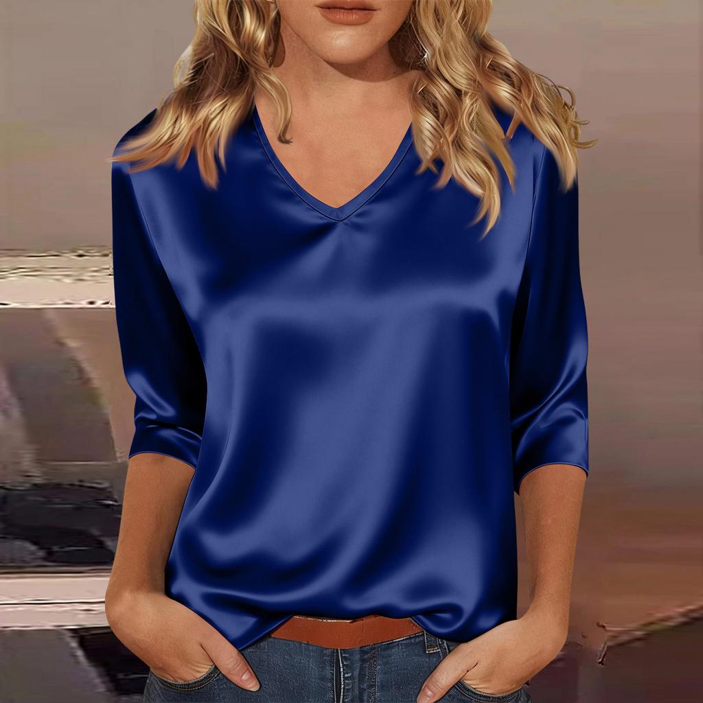Women's V-neck Three-quarter Sleeve Satin Shirt Top, Lightweight For Spring And Summer