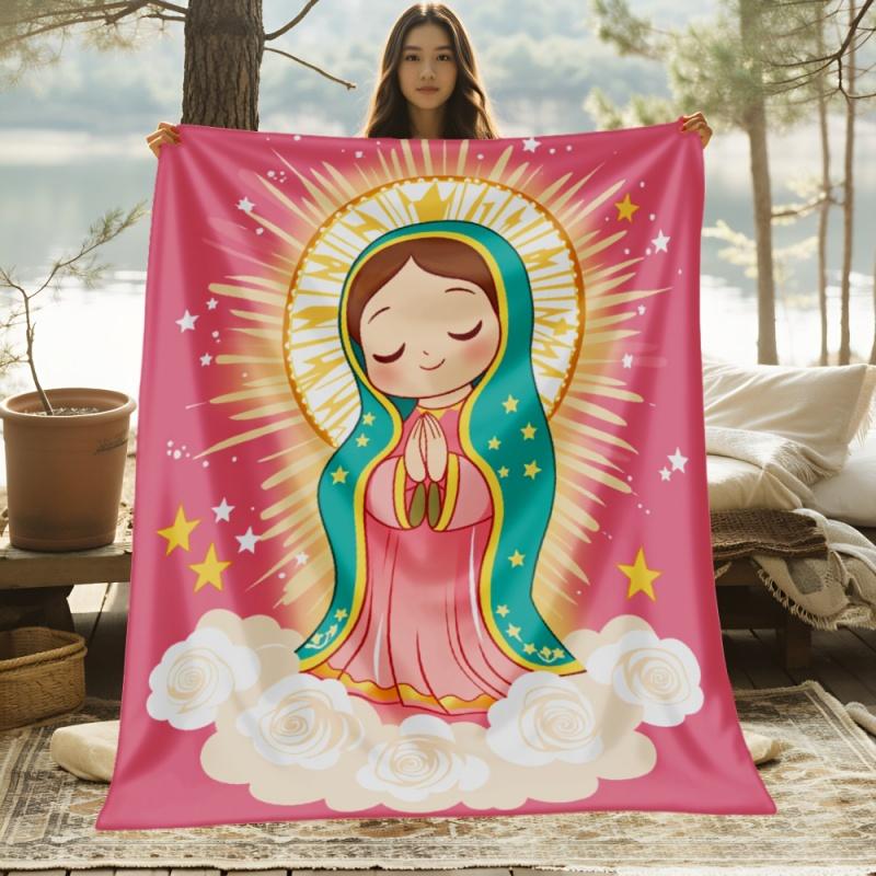 Sacred Heart of Jesus And Virgin Mary Printed Throw Blanket,Religious Cloud Halo Pattern Soft Sofa Cover Warm Faith Blanket