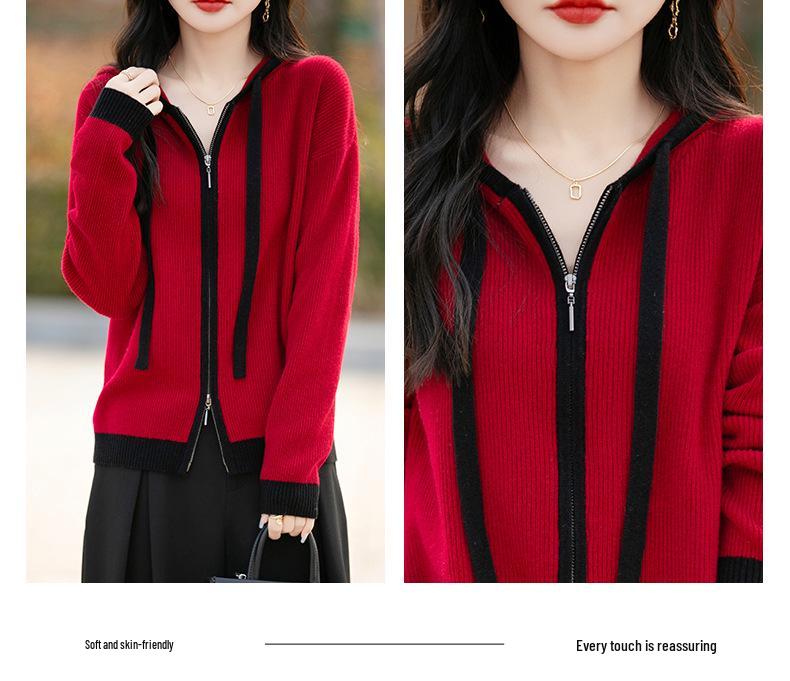 Women's 100% Pure Wool Hooded Cardigan with Zipper – Color Block Knitwear, Loose Fit.