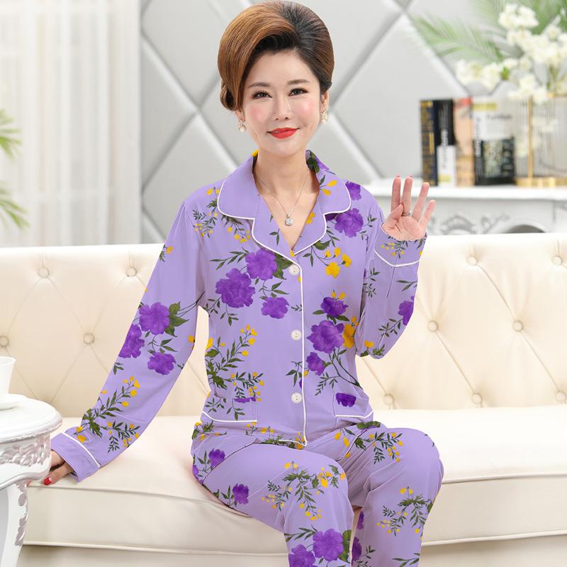 Frühlings- und Herbstpyjama Damen Imitationsbaumwolle langärmelig dünn hochwertig reiche Blume Mutter Loungewear-Set