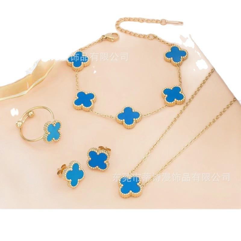 Four Leaf Clover Jewelry Set 18k Plated Necklace Earrings Bracelet Ring Women