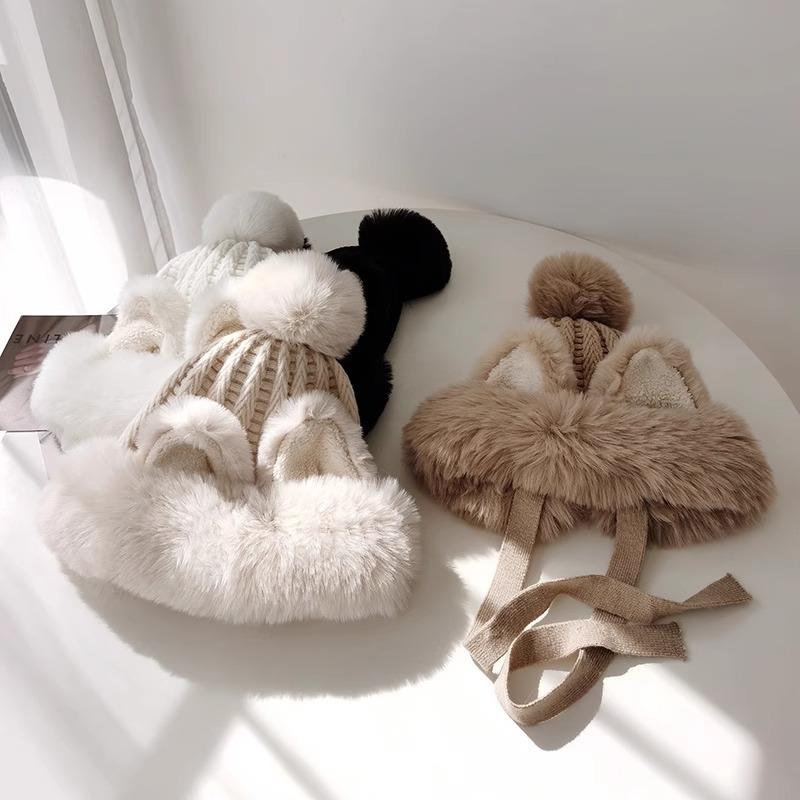 

Sweet and cute fox ears Lei Feng hat children autumn and winter warm plush ear protection hat knitted wool hat бежевий