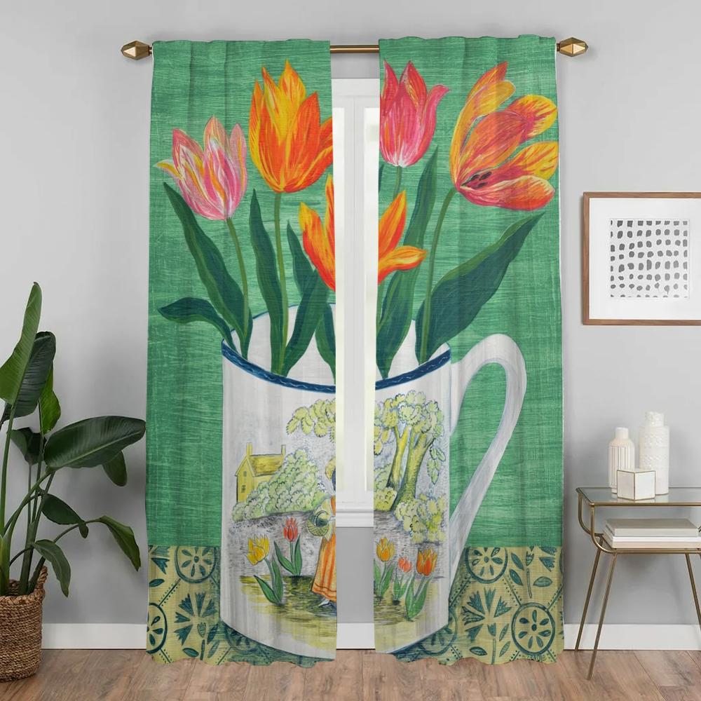Vintage Flower Shades Kitchen Curtains for Living Room Curtain Halloween Decoration Home Interior Curtains 2 Pieces Partition