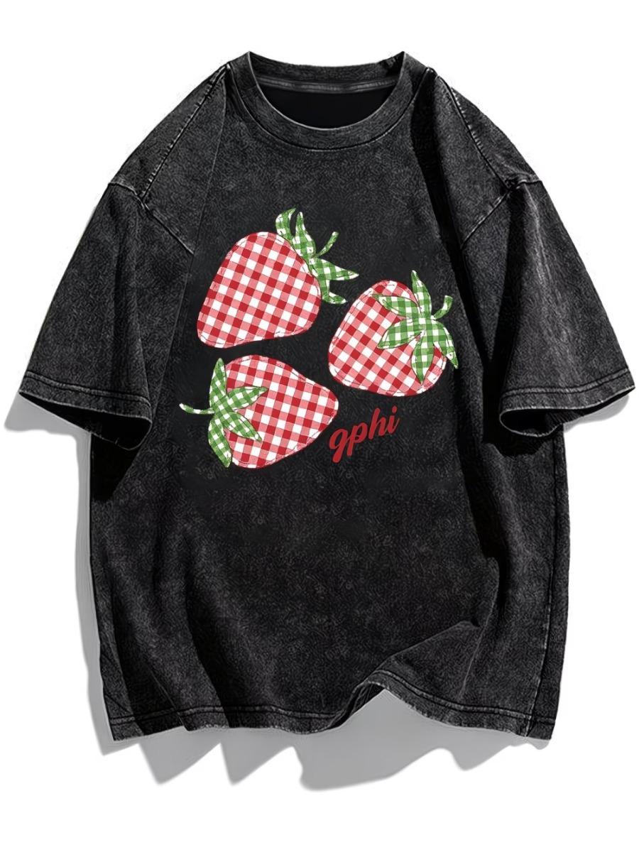 Checkered Strawberry Print Women T-Shirt Washed Cotton Acid WashTop Fashionable Casual Unisex Shirt S
