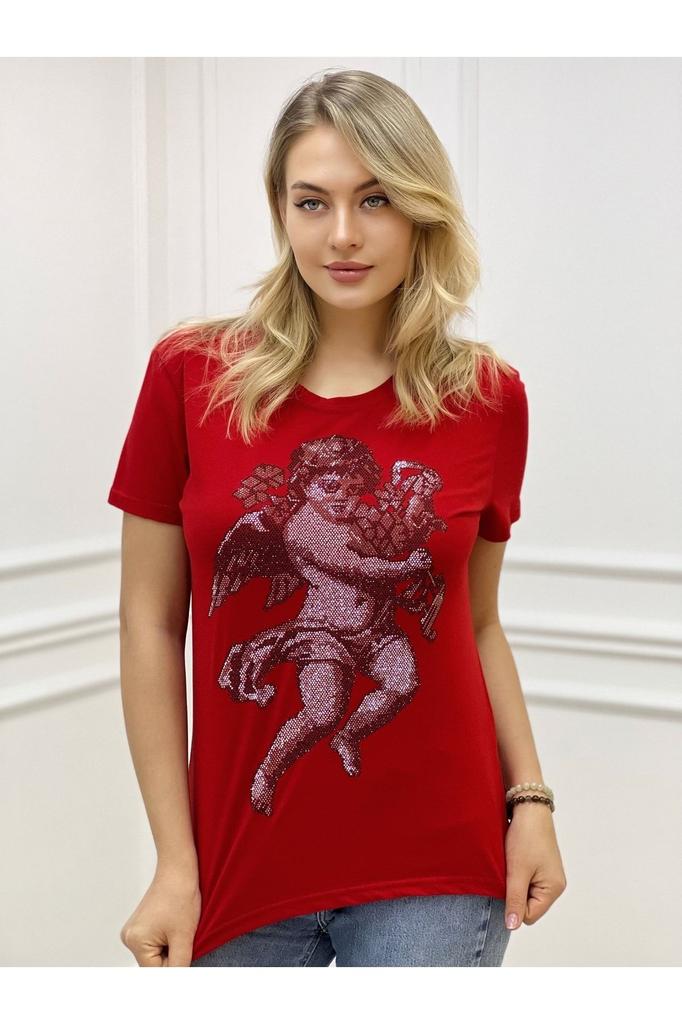 Tricou Stil Femei Mărime Mare cu Model Înger Piatră de Cristal Negru Gât Rotund Mărime Plus Tricou Elegant din Bumbac