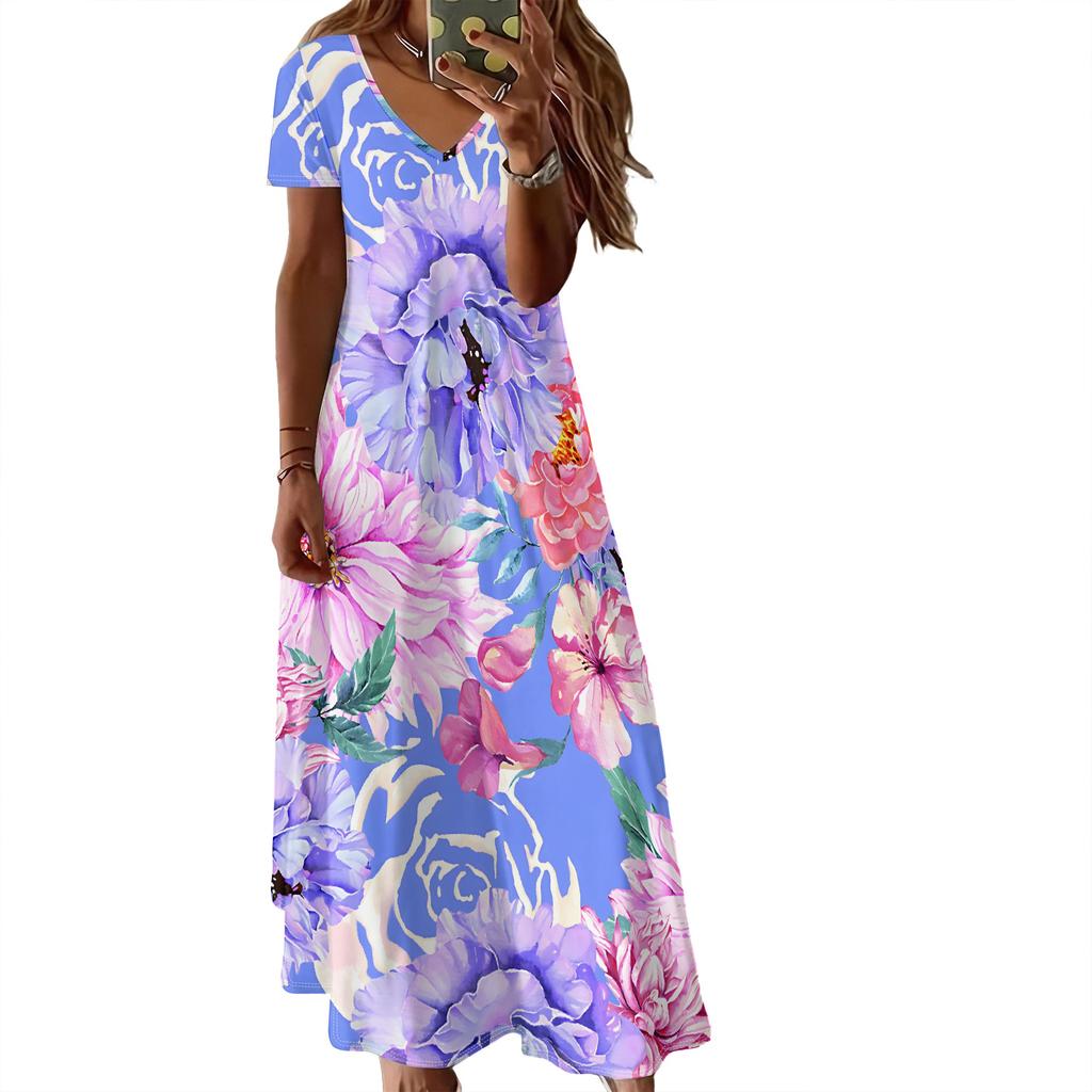 Summer Women's Short Sleeved V-neck Long Dress, 3D Fashionable Printed Pattern Dress, Casual Vacation Style.