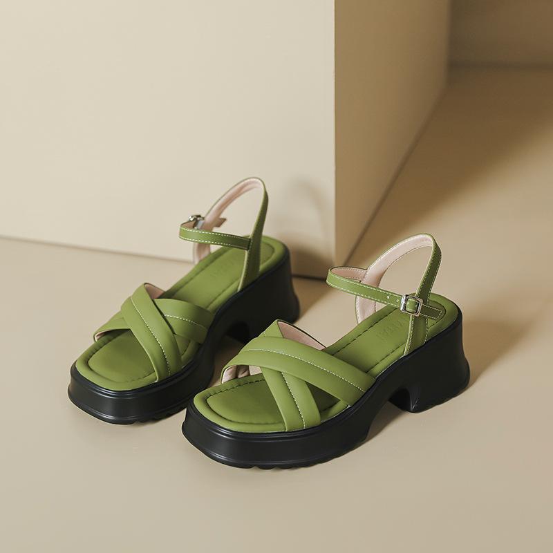 [Sennepsgrønn CHAO hvit] Romerske plattformsandaler med tykk hæl for kvinner høy hæl kryssrem én-ords spennesko
