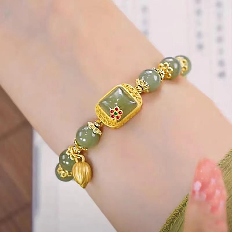 Pulseira com pingente de lótus de jade hetian estilo chinês imitação pulseira vintage com contas para mulheres joias de luxo leves presentes