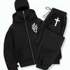 Hooded Zip-Up Sweatshirt and Jogger Set | Double-Neck Design with Dragon Emblem, Elastic Waistband, and Drawstring Pants Comfortable Clothing