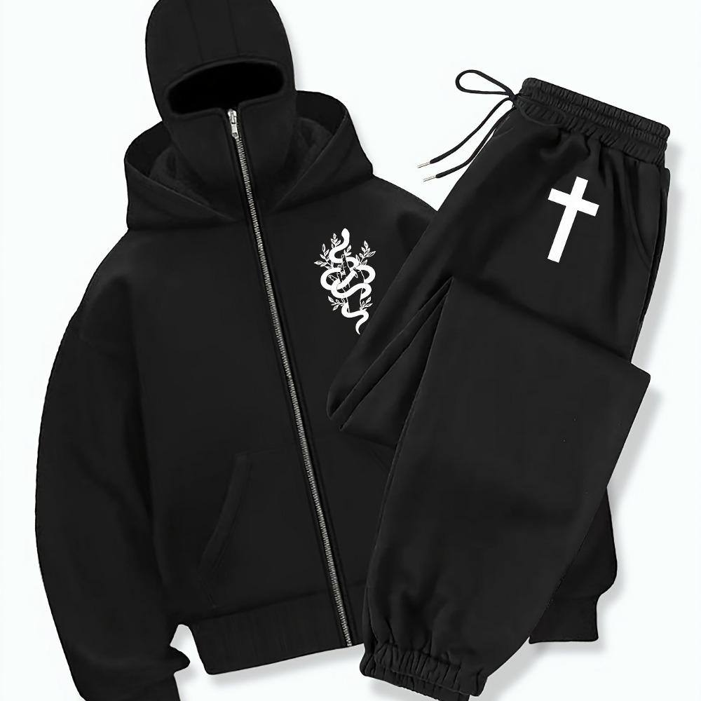 Hooded Zip-Up Sweatshirt and Jogger Set | Double-Neck Design with Dragon Emblem, Elastic Waistband, and Drawstring Pants Comfortable Clothing