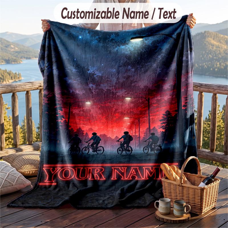 Custom Text Flannel Throw Blanket, Lightweight Cozy Bed Sofa BlanketStranger Things