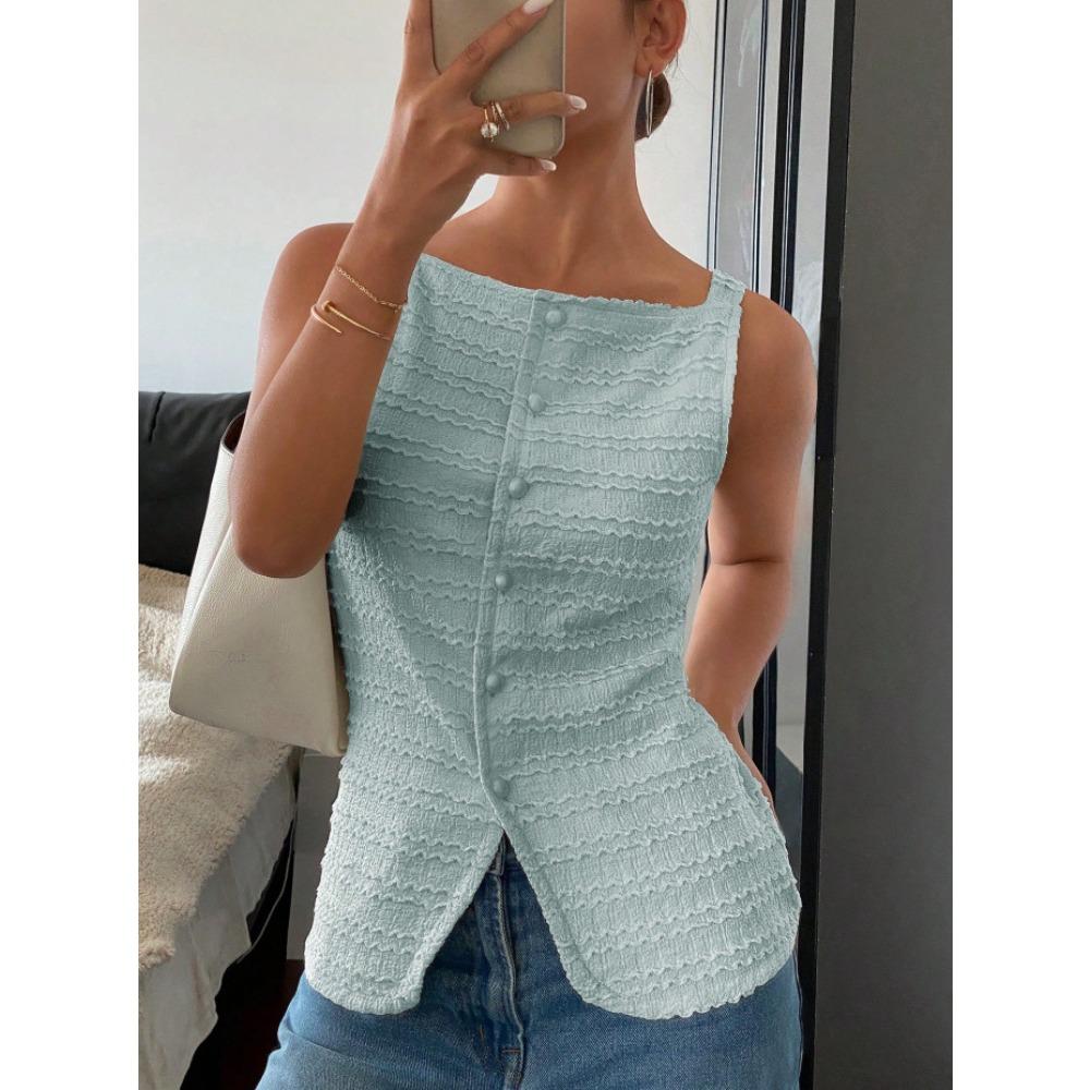 Fashionable Style Single-button Round-neck Sleeveless Fitted Tank Top In Solid Color for Ladies