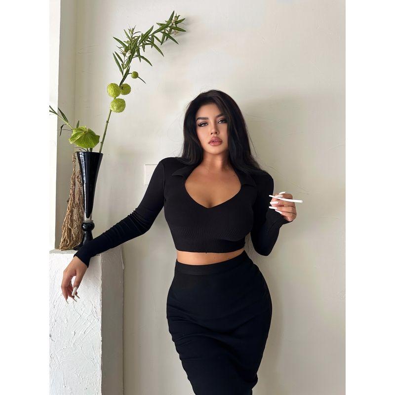 La Pinky [Lazy Autumn Day] Fashion Sexy Tight Stretch Knitting Long Sleeves Tops Bodycon Dress Suit Women