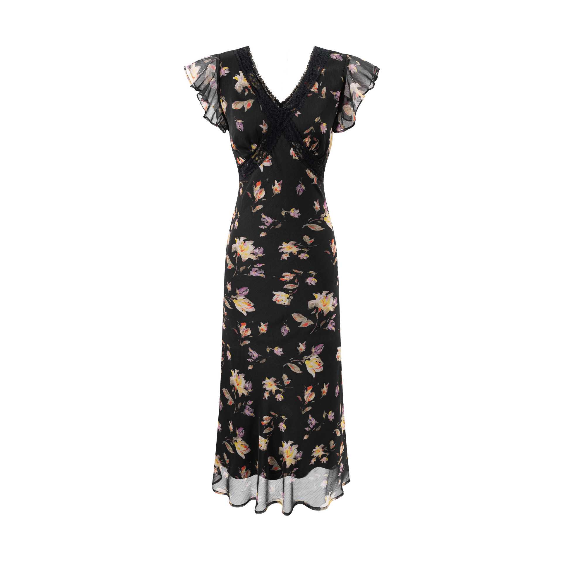 2025 Retro Lace Patchwork V-Neck Slim Fit Open Back Evening Gown Size: Small