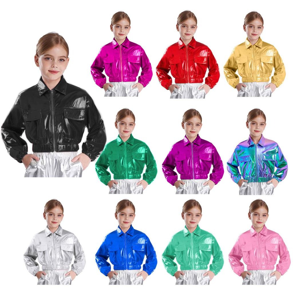 Unisex Kids Metallic Shiny Jacket Turn Down Collar Long Sleeve Hip Hop Dance Outerwear with Flap Pockets