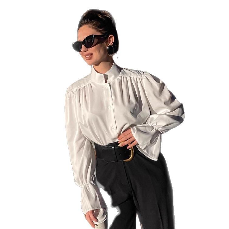 Fashion temperament French white bubble sleeve shirt women's 1116 autumn commuter cotton drape stand-up collar top women's clothing