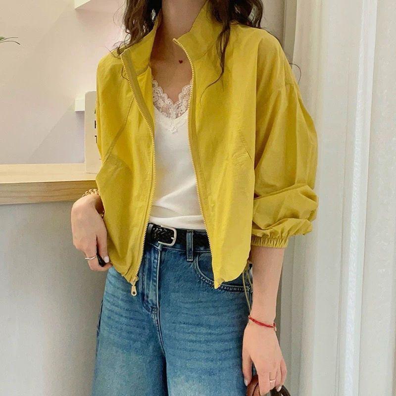 Women's Stand Collar Solid Color Long Sleeve Zip-Up Sun Protection Lightweight Casual Jacket