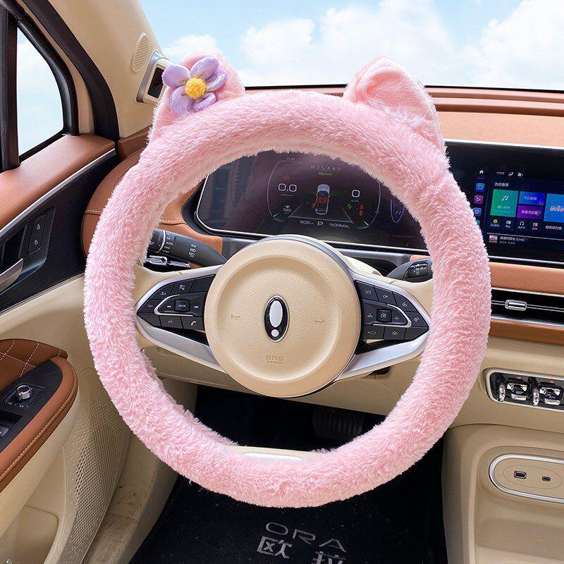 

Car Steering Wheel Cover Winter Plush Cartoon Cute Non-Slip Warm Handlebar Cover Decoration for Women Internet Celebrity 2024 New Pink Fox-Steering Wheel Cover