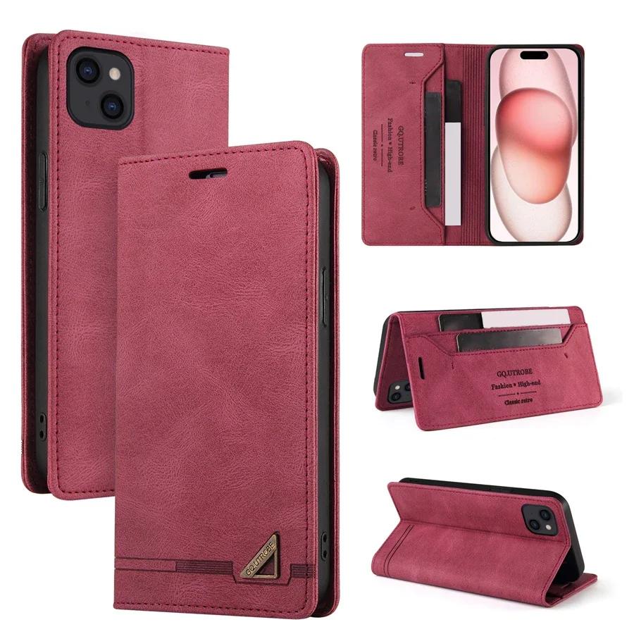 

Кошелек с защитой от кражи, отделением для карт, магнитным флип-чехлом из кожи для iPhone 16 Pro Max 15 Plus 14 13 Mini 12 11 SE 2022 X XR XS 8 7 iPhone 11 вино красного