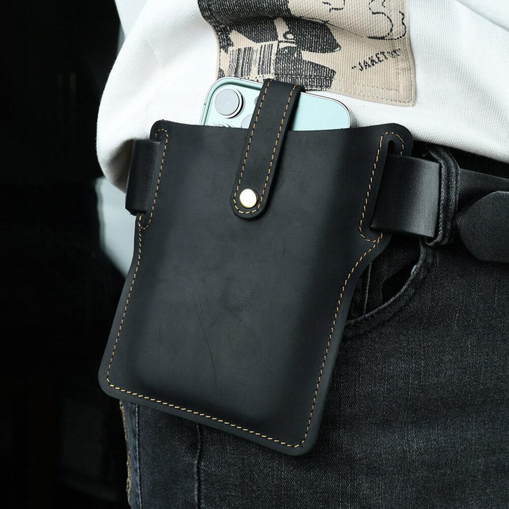 

Поясная сумка из кожи Crazy Horse в стиле ретро, ультратонкая мужская поясная сумка для телефона, подвесная, для активного отдыха, тактические сумки для телефона, подарки на годовщину чёрный