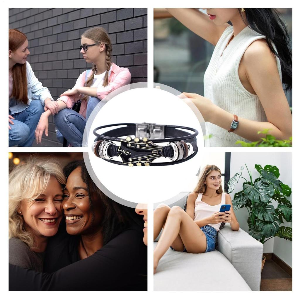 Punk Style Braided Guitar Bracelet Zinc Alloy Adjustable Buckle Manual Woven Faux Leather 3-Layered Punk Retro Wrist Jewelry