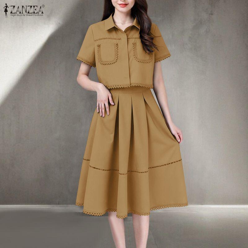 ZANZEA Women Short Sleeve Blouse and A-line Skirts Casual Two Piece Suit Sets