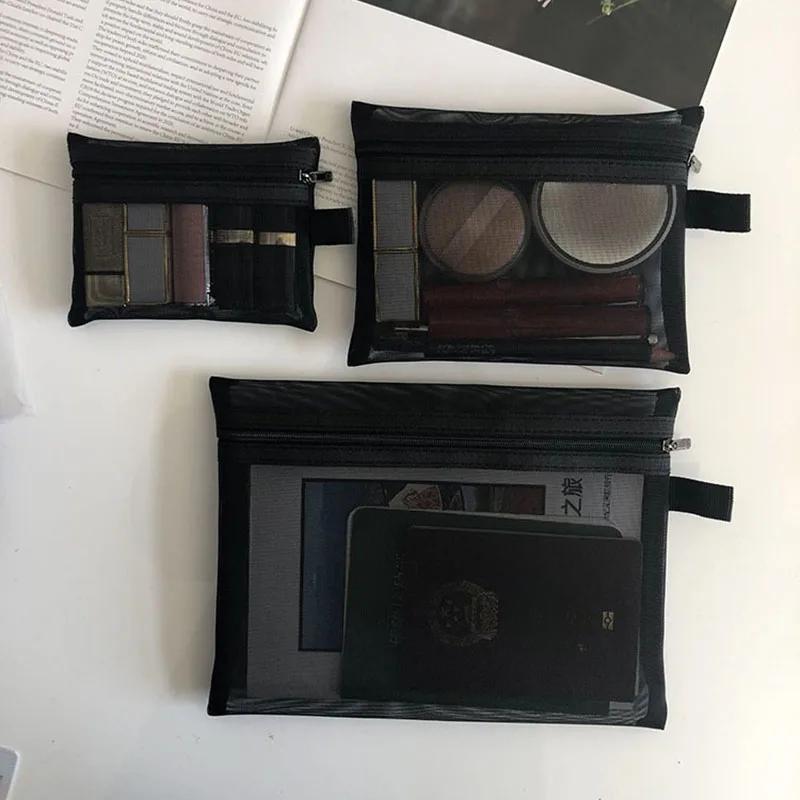 Black Transparent Nylon Mesh Storage Bag Bathroom Toiletries Skincare Products Organizer Travel Portable Makeup Cosmetic Bag