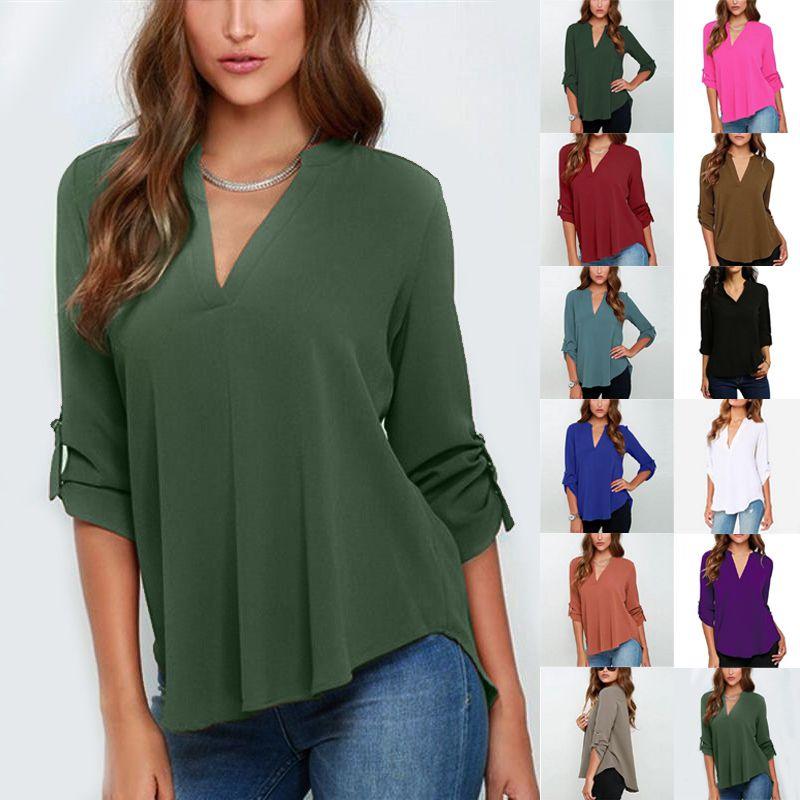 Stilvolles Damen Casual Langarm V-Ausschnitt T-Shirt Pullover Tunika Bluse Optionen