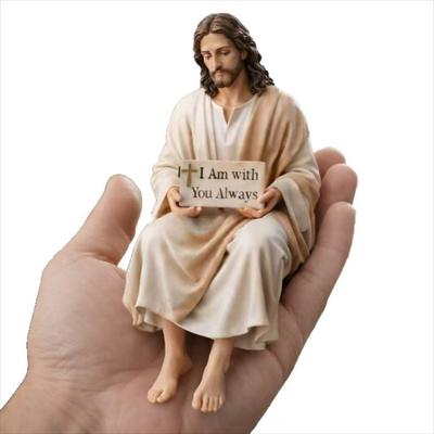 Material Único de Resina Figura de Resina de Jesús Postura Sentada Siempre Estaré Contigo Señal Compañero de Escritorio Decoración Religiosa Decoración de Escritorio