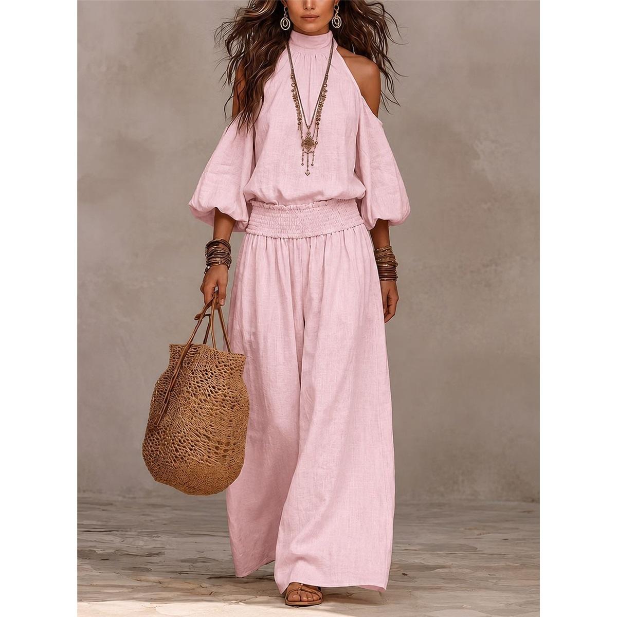 Damen 2-teiliges Outfit Halter Cold-Shoulder Puffärmel Oberteil Elastische Taille Weiter Hosenbein Bohemian Freizeit Set S rosa