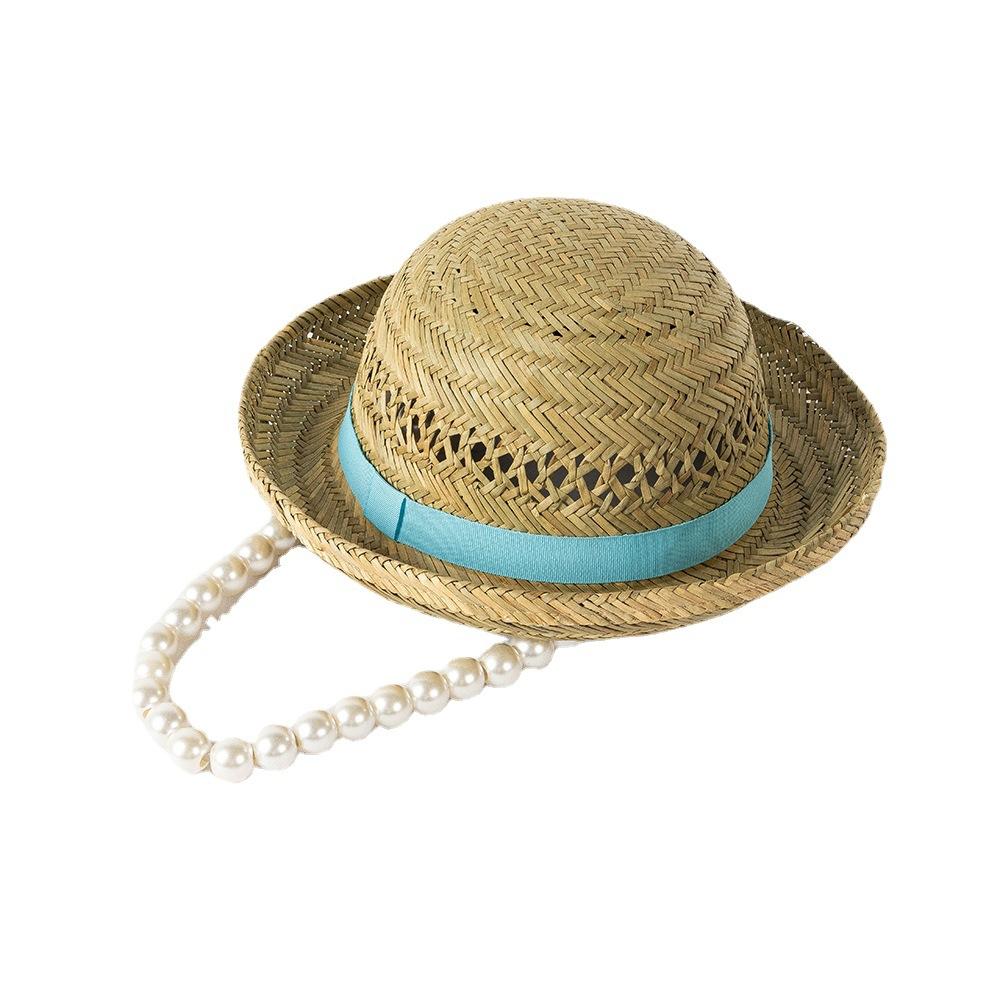Spring and Summer New Children's Fashion Casual Hollow Hand-woven Dome Curled Edge Large Pearl Chain Straw Hat Outdoor Catwalk Hat