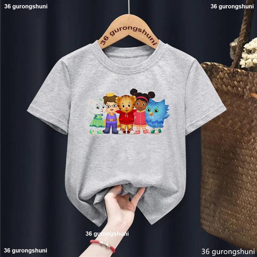New Boys Tshirt Cute Daniel Tiger’S Neighborhood Cartoon Print Girls T-Shirt Summer Harajuku Kidst Shirts Blue Tops Wholesale