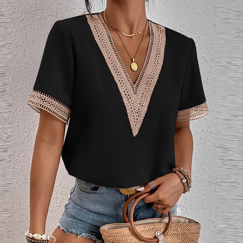 Fashion Women Summer Solid Color T-Shirts Hollow Out Design Lace V-Neck Short Sleeve Casual Loose Pullovers Tops Tees
