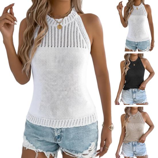 Women Tops Slim Fit Solid Color Summer Blouse Round Neck Sleeveless Hollow Design Soft Stretchy Knitting Tops Casual Wear