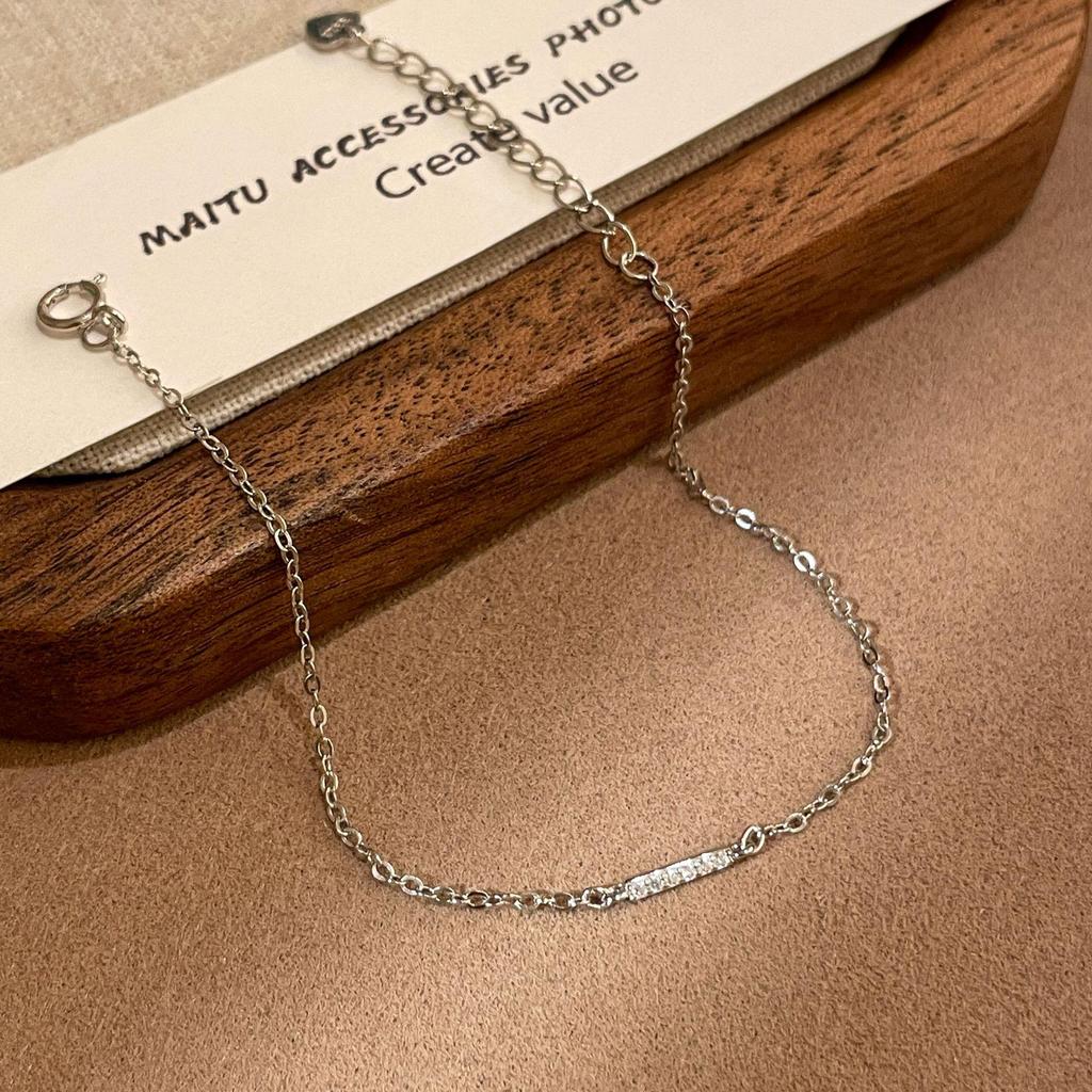 S925 Sterling Silver Diamond Inlaid Bar Bracelet, 18K Gold Plated, Mori Style, Thin and Simple Design for Women.