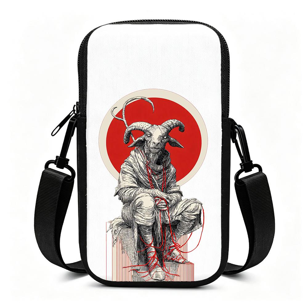 Vintage Dark Aesthetic Goat Print Crossbody Phone Bag, Mystical Horned Ram Pattern Mini Shoulder Pouch, Gothic Style Festival Accessory Christmas Gift