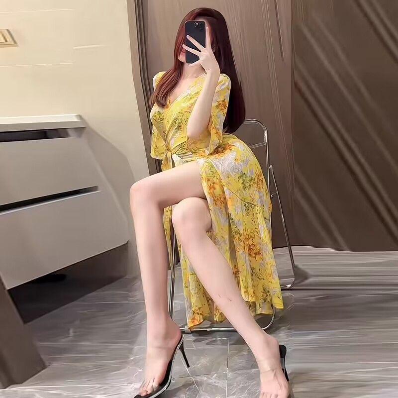 Plus Size Summer Chiffon Yellow Maxi Dress - Loose, Belly-Concealing Casual Beachwear