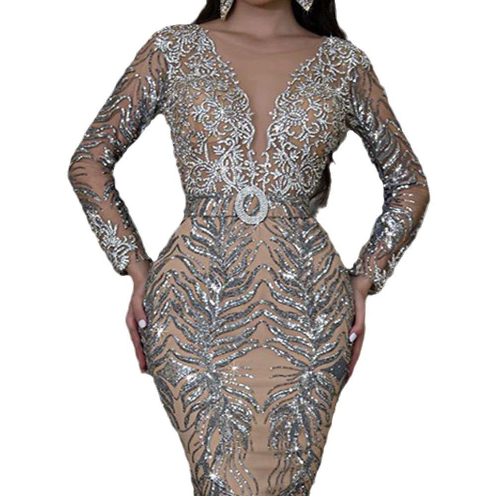 Neues europäisches und amerikanisches Damenkleid, bronzefarben, langärmelig, figurbetont, sexy, Meerjungfrauen-Schnitt, bodenlang, Abendkleid