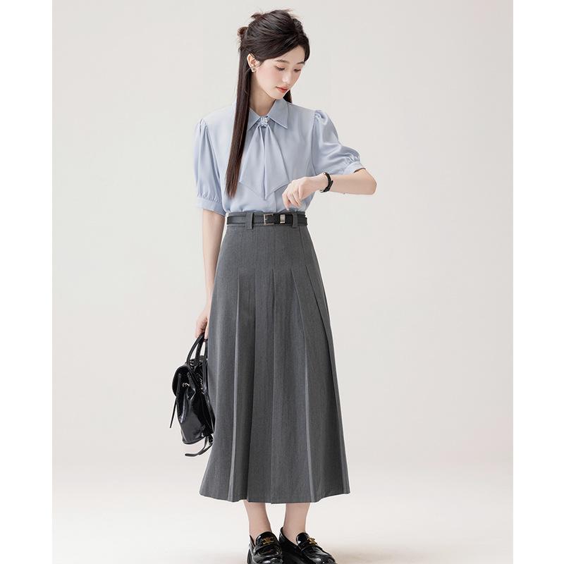 Summer interview dress satin streamer short-sleeved shirt women + pleated suit skirt skirt suit