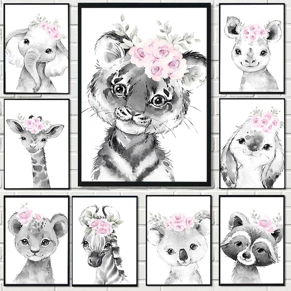 Canvas Painting Cartoon Animals Baby Nursery Pink Flower Lion Tiger Giraffe Poster Print Wall Art for Girls Bedroom Home Decor